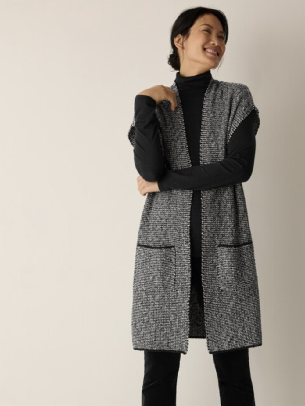 EILEEN FISHER Peruvian Cotton Cloud Vest Marled Black and White Knit Vest Small